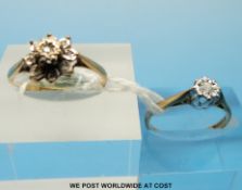Two 9ct gold rings one set with diamonds in a cluster and the other a diamond solitaire