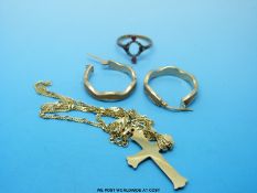 A 9ct gold necklace with 9ct gold cross pendant, and a pair of 9ct gold earrings (6.