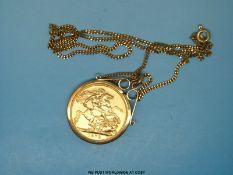 A 1978 gold full sovereign in a 9ct gold mount on 9ct gold chain (12g)