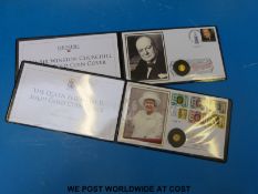 A solid gold Sir Winston Churchill Jubilee Mint miniature 9ct gold coin and stamp cover in folder