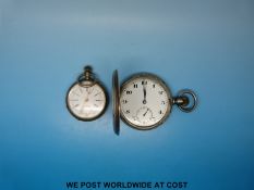 A gentleman's white metal hunter pocket watch and a ladies fob watch
