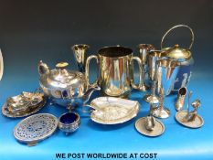 A collection of plated ware including a loving cup (height 17cm), Mappin & Webb cruet,