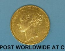 An 1855 young head gold full sovereign shield reverse