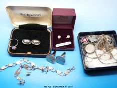 A 9ct gold chain, silver necklaces, silver locket, Wedgwood earrings,
