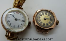 A 9ct gold watch face and a gilt watch with mother of pearl border and back