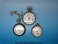 Three keyless gentleman's pocket watches, one having two subsidiary dials in silver plated case,
