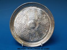 A Georgian hallmarked silver card tray with beaded edge and engraved decoration,