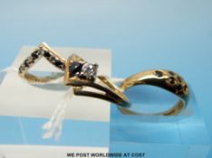 Three 9ct gold rings set with sapphires and cubic zirconia