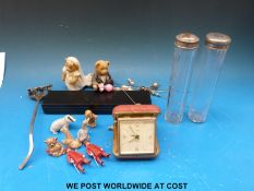 Six enamel Robertson Golly brooches, Wade Whimsies, lead soldiers, hat pins, cruets,