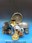 A quantity of metalware to including brass, plated ware, pewter including Art Nouveau,