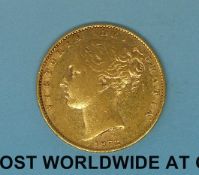 An 1872 young head gold full sovereign shield reverse,