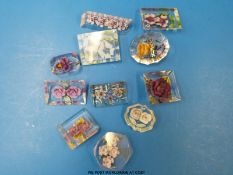 Eleven lucite brooches in various shapes with floral designs