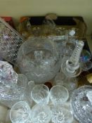 A collection of cut and pressed glass two decanters,
