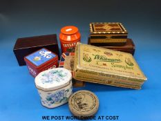 A collection of vintage tins, mahogany wooden box,