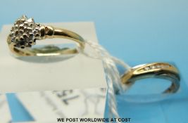Two 9ct gold rings one set with diamonds in a cluster the other with diamonds in a row
