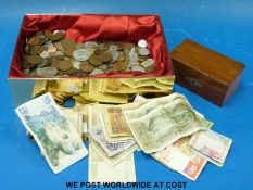 A collection of world coinage and bank notes, George II onwards, tokens, Victorian bronze,