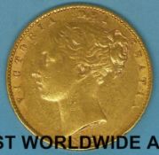 An 1871 young head gold full sovereign shield reverse,