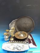 A collection of silver plate items to include serving dishes, spoons, 1977 commemoration jugs,