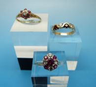 Three 9ct gold rings set with red and clear stones