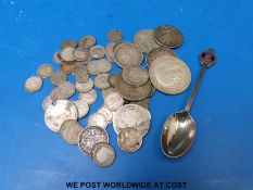 A quantity of various silver coins, George III onwards, includes George IV, Victorian,