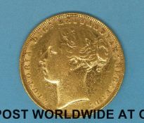 An 1884 young head gold full sovereign type 2 reverse