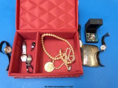 A hallmarked silver cigarette case, faux pearls, watches, silver ring,