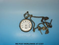 A continental silver gentleman's pocket watch with keyless movement on two Albert chains,