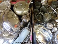 A large collection of silver plate and other metalware to include tankards and spirit kettle on