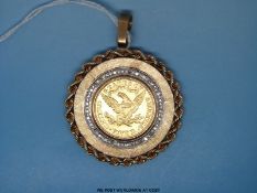 A US five dollar 1880 Eagle coin mounted in a frosted gold with rope design mount,