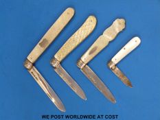 Three Victorian hallmarked silver-bladed mother-of-pearl folding fruit knives and one other