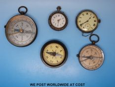 A ladies small fob watch in a continental silver case with blue guilloché decoration to back,