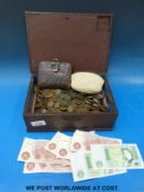 A wooden box containing an amateur collection of English coins George III onwards but also includes