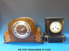 A two train black marble cased mantel clock together with a three train Art Deco mantel clock