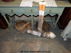 A quantity of vintage pulleys, rope,