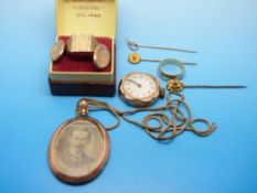 A pair of 9ct gold cufflinks, 9ct gold ring,  9ct gold wedding band,  9ct gold cased watch face,
