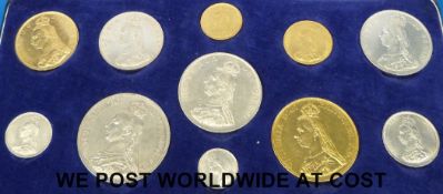An 1887 gold and silver coin set for Queen Victoria (jubilee head) comprising a gold £5, gold £2,