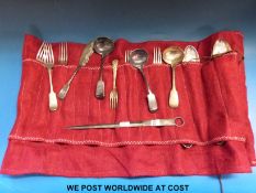 A collection of plated fiddle pattern cutlery and a skewer by Elkington & Co