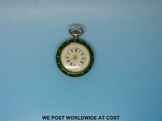 A c1900 ladies fob watch in enamelled silver case decorated with a lakeside scene