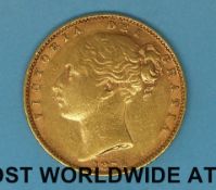 An 1874 young head gold full sovereign shield reverse,