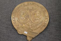 A brass sample engine plate casting - Great North Eastern Railway, diameter 50 cm. CONDITION REPORT: