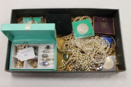 A half hunter fob watch, together with a collection of costume jewellery, commemorative coins,