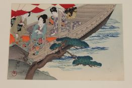 Toyohara Chikanobu : Three geishas on a