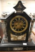 A Victorian marble and slate mantle clock, height 48 cm. CONDITION REPORT: Good condition, one
