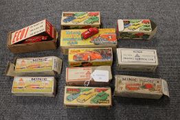 A collection of nine early Minic vehicles, together with a Tri-ang musical car,