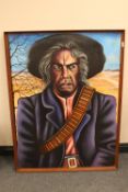 Eric Scott : A cowboy in purple jacket wearing a cartridge belt, acrylic on board, signed,