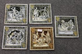 John Moyr Smith for Minton - a set of late nineteenth century five Waverley tiles, 20.5 cm x 20.5