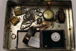 A silver 'belt' bangle, together with a continental fob watch, an owl tap measure, paste brooch