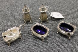 A five piece silver condiment set. (5) CONDITION REPORT: A non match set but in good condition and