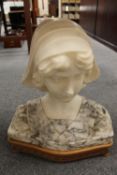 An early twentieth century marble and alabaster study of a a young girl, signed Sementa, width 36