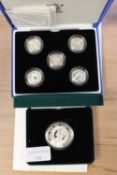 A Silver proof one pound coin collection 2003 - 2007, together with a silver five pound coin -